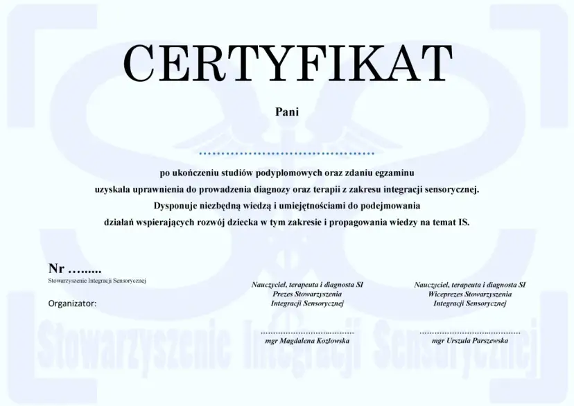 Certyfikat potwierdzający kwalifikacje do prowadzenia diagnozy i terapii z zakresu integracji sensorycznej. Dowiedz się, jak zostać terapeutą integracji sensorycznej.