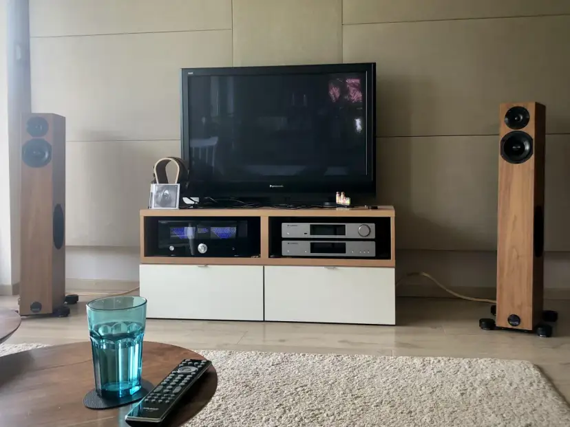 Dwie kolumny Audio Physic Virgo w drewnianej okleinie, telewizor, sprzęt audio i szklanka wody na stoliku.