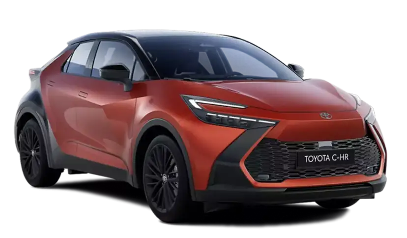 Pomarańczowy Toyota C-HR Hybrid, ciekawy design, niskie spalanie.