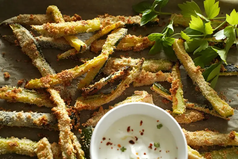 Chrupiące frytki z cukinii w panierce, idealne co do frytek na obiad bez mięsa. Podane z dipem jogurtowym i świeżymi ziołami.