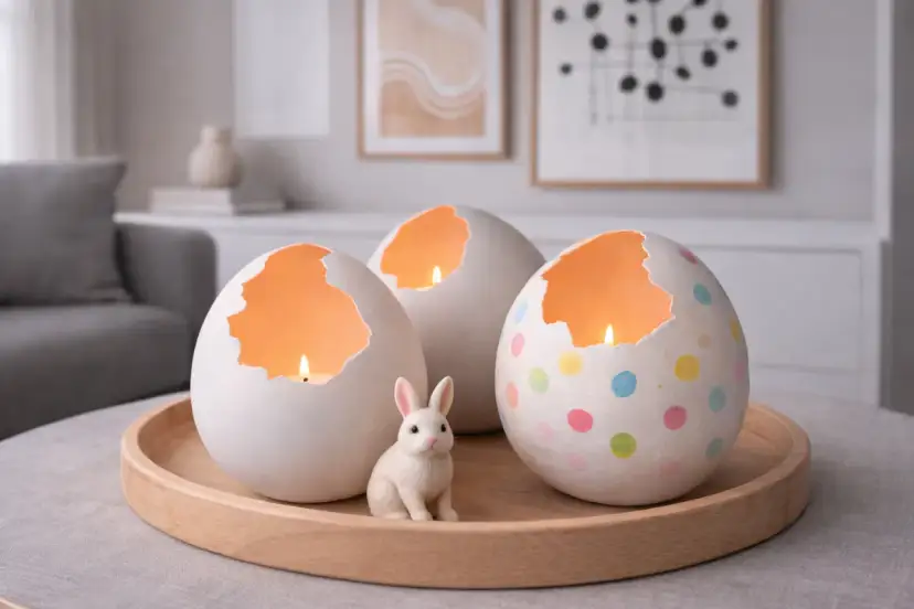 Wielkanocne świeczniki z gipsu w kształcie pękniętych jajek, z palącymi się w środku świecami. Obok siedzi mały, biały króliczek. Ciekawe rzeczy z gipsu.