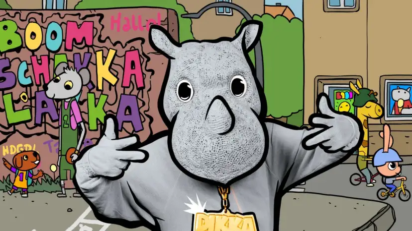 Ein Nashorn mit Goldkette und Graffiti im Hintergrund.
