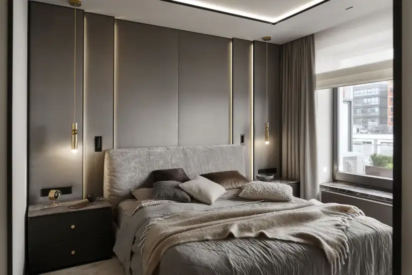 Elegancka sypialnia z tapicerowanym zagłówkiem i ozdobnymi panelami na ?cian? z podświetleniem.