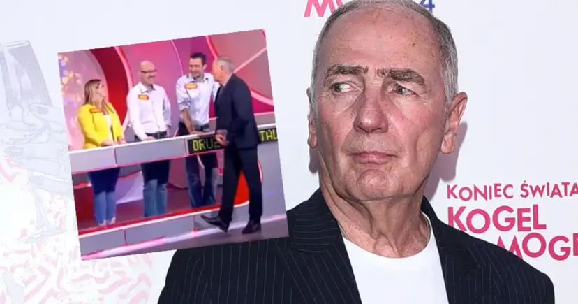 Na scenie Familiady, gdzie widać uczestników i prowadzącego, obok twarzy prezentera.