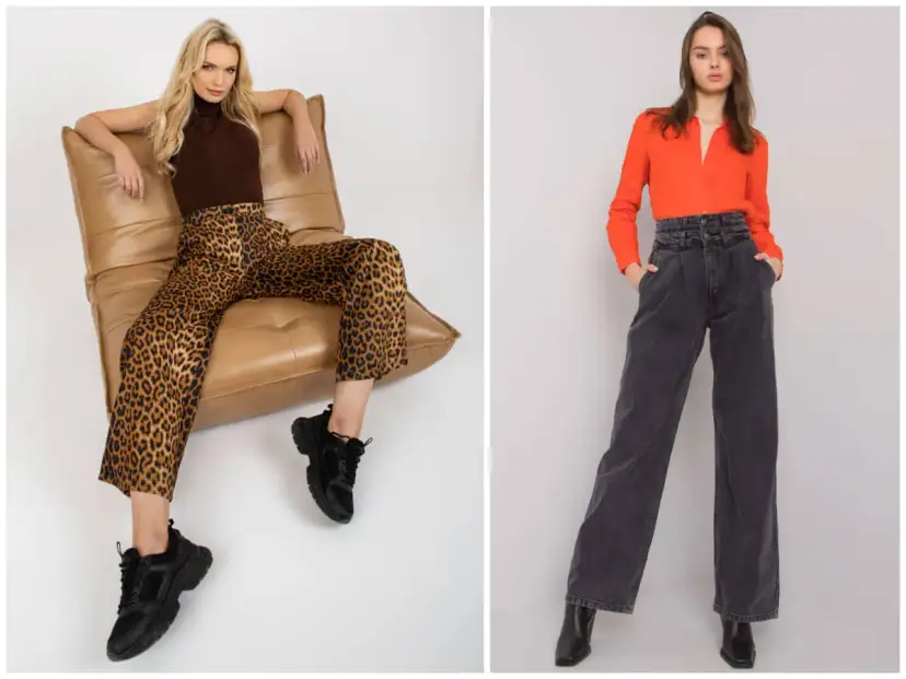 Dwie kobiety prezentują spodnie wide leg: jedna w panterkę, druga w jeansowe.