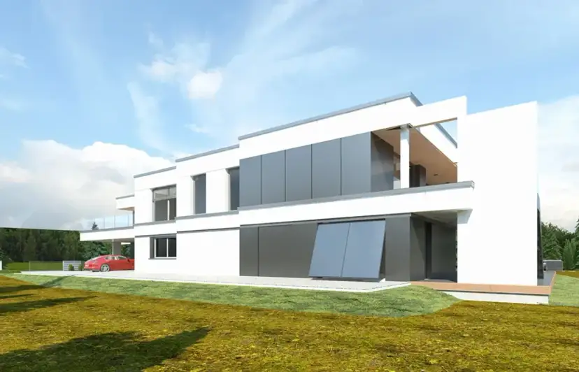 Nowoczesne projekty bliźniaków do 100m2. Biały dom z szarymi panelami, czerwony samochód pod wiatą.