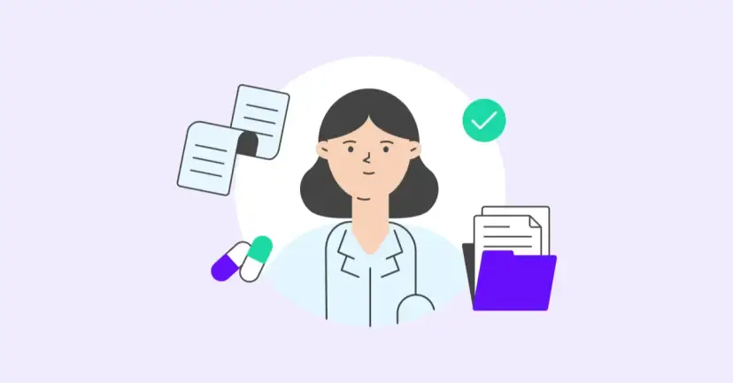 Ilustracja przedstawia lekarkę z dokumentami, lekami i zielonym znacznikiem. To idealny obrazek, kiedy do lekarza.