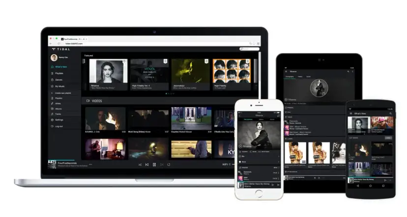 Ekran laptopa, tabletu i telefonu z interfejsem aplikacji muzycznej Tidal.