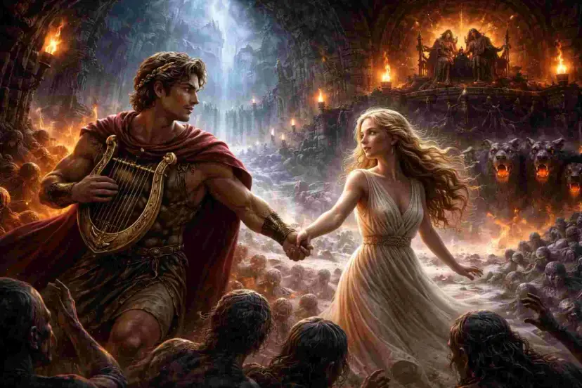 Orfeusz z lirą prowadzi Eurydykę przez mroczne podziemia, gdzie czają się potwory i duchy. To scena z mitu o Orfeuszu.