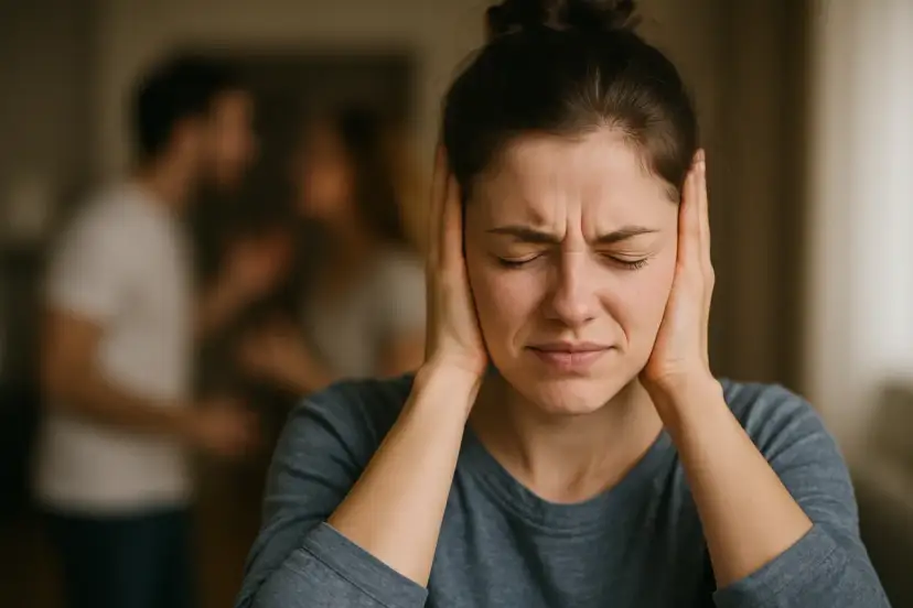 Kobieta zatyka uszy, cierpiąc z powodu hałasu. Zastanawia się, co zrobić z uciążliwym sąsiadem w bloku.