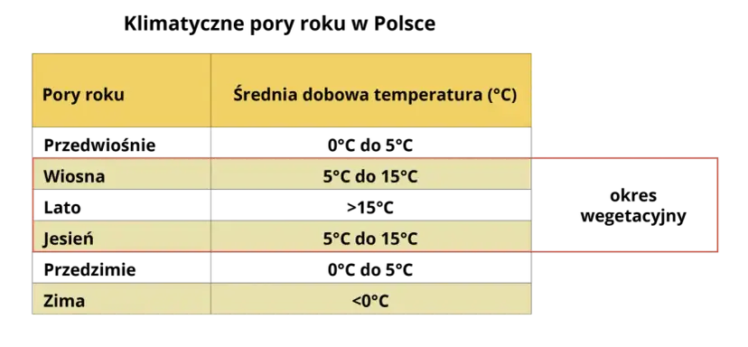 Tabela pokazuje, jaki mamy klimat w Polsce: pory roku i średnie temperatury. Wiosna i jesień to okresy wegetacyjne.