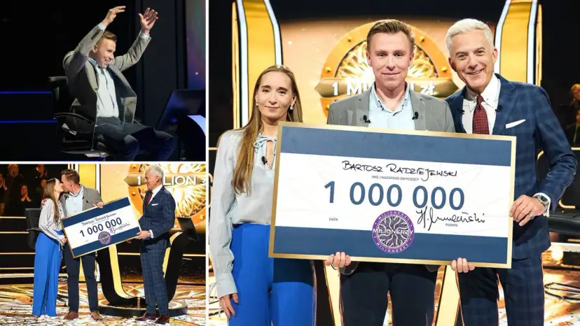 Bartosz Radziejewski wygrał milion w Milionerach! Radość zwycięzcy, jego partnerki i prowadzącego.
