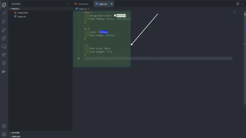 Fragment kodu CSS w edytorze, z podświetlonymi regułami dla body, h1 i p.