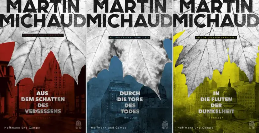 Drei Buchcover von Martin Michaud mit stilisierten Blättern und Stadtansichten in Rot, Blau und Gelb.