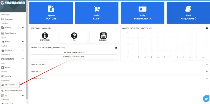 Interfejs programu księgowego. W menu po lewej widać opcję "Księgowość". Czy Ryanair wystawia faktury? Sprawdź w systemie!