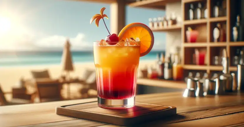 Kolorowy drink na plaży, idealny na wakacje. Czy to Cosmopolitan kontra Sex on the Beach?