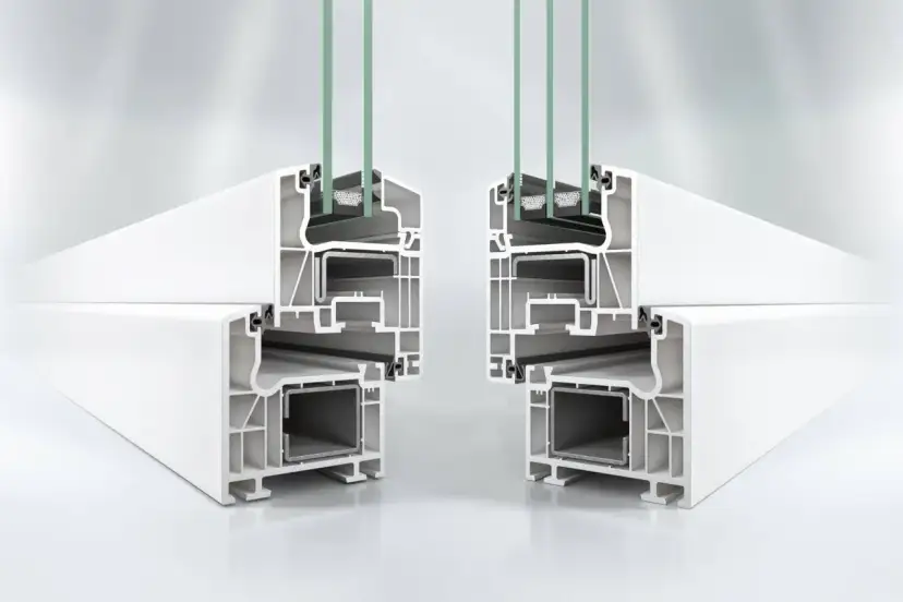 Przekrój okna dwuszybowego z widocznymi komorami profilu i szybami. Kluczowy element dla współczynnika przenikania ciepła okna dwuszybowe.