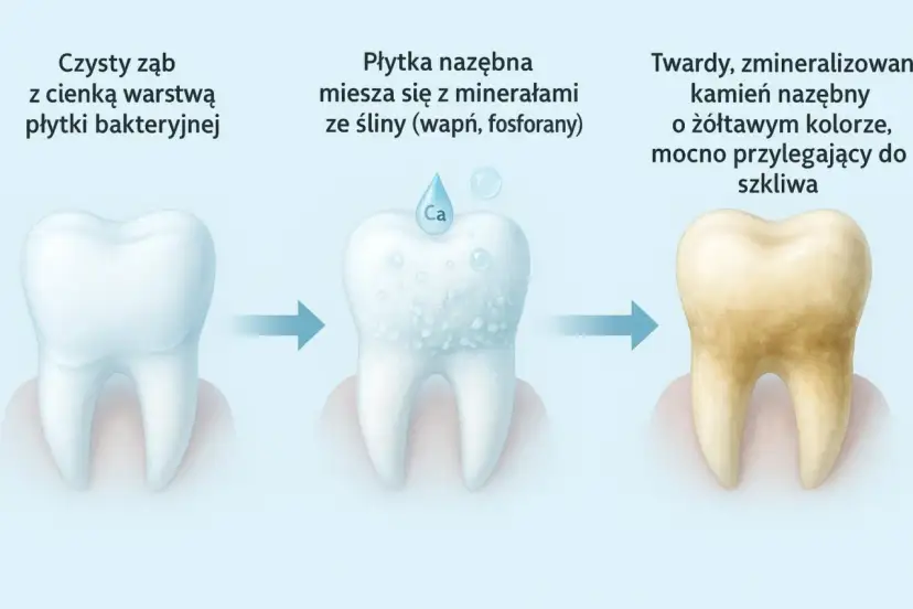 Proces powstawania kamienia nazębnego: od czystego zęba, przez mineralizację płytki, aż do żółtego, twardego kamienia. Kamień nazębny sam odpada? Nie, wymaga leczenia.