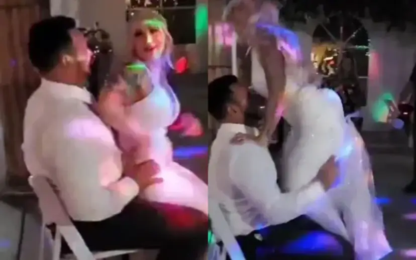 Para Młoda szaleje na parkiecie, a goście podziwiają te radosne tańce na weselu. Kolorowe światła podkreślają atmosferę zabawy.