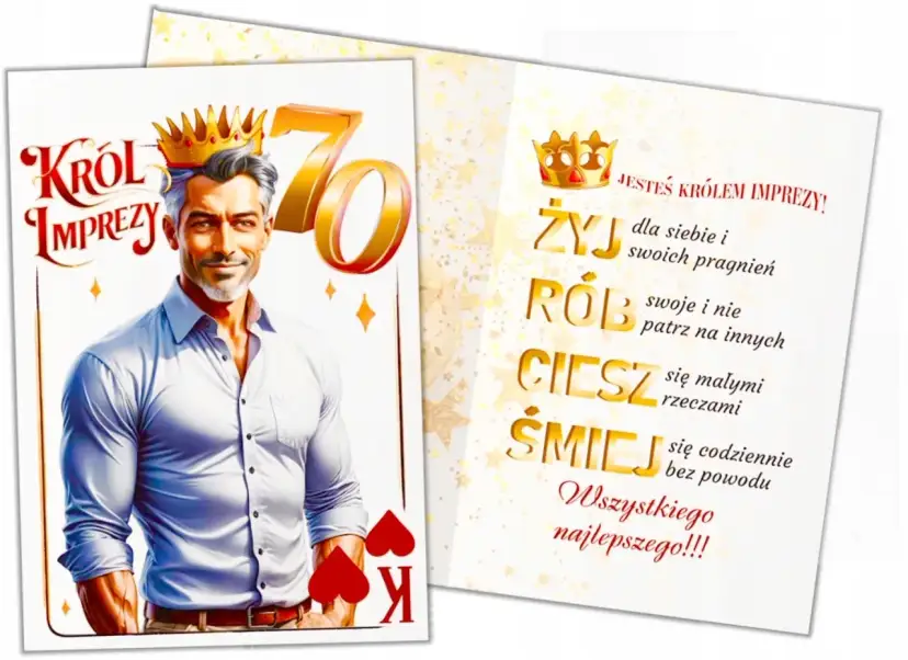 Karta z życzeniami na 70 urodziny dla mężczyzny. Król imprezy z koroną i liczbą 70. Wesołe życzenia: "Żyj, Rób, Ciesz, Śmiej".
