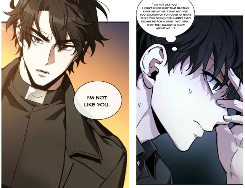 Zwei Manga-Charaktere, einer mit Priesterkragen, der andere nachdenklich.
