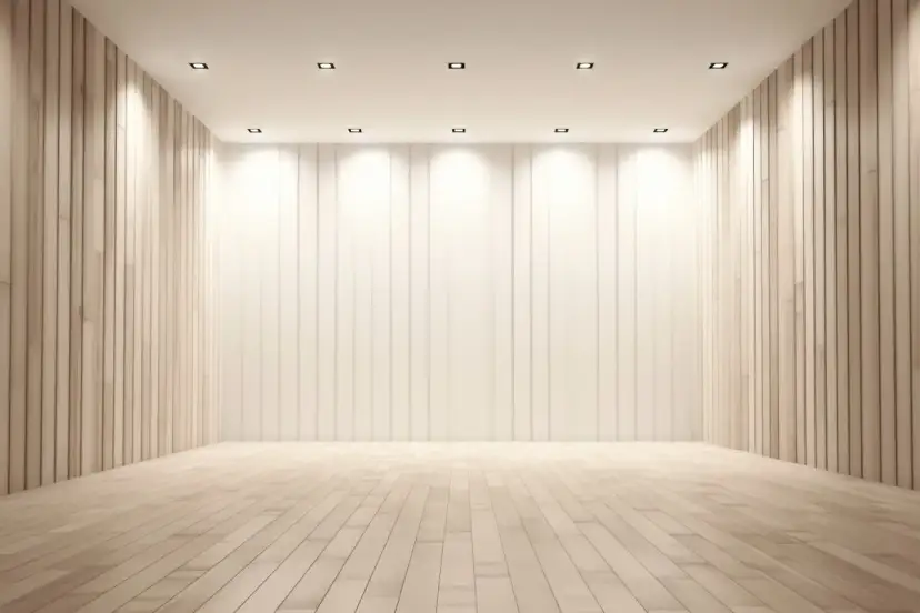 Nowoczesne wnętrze z drewnianą podłogą i ścianami. Sufit podwieszany z oświetleniem punktowym, idealny do stworzenia konstrukcji.