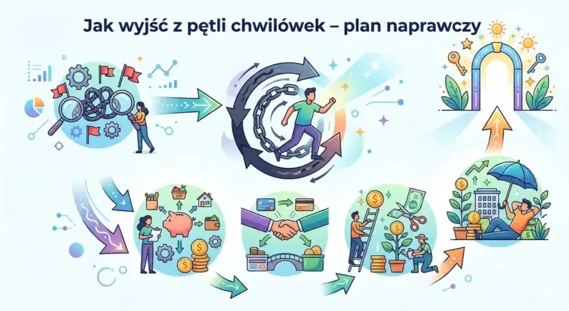 Ilustracja przedstawia schemat oddłużania: od analizy problemu, przez wyjście z pętli zadłużenia, do stabilizacji finansowej i bezpieczeństwa.