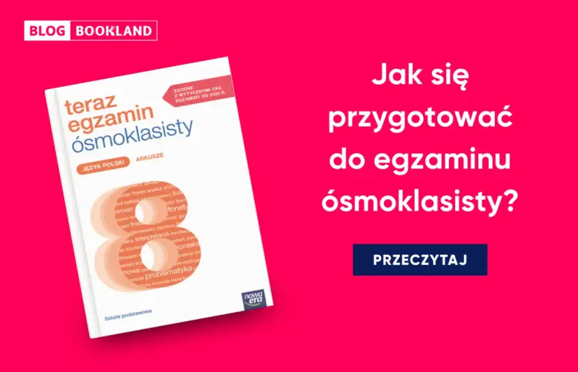 Okładka książki "Teraz egzamin ósmoklasisty. Język polski. Arkusze" na różowym tle.