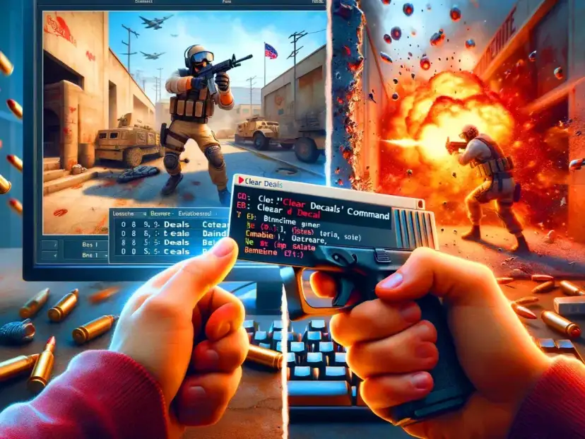 Dłoń trzyma pistolet przed ekranem komputera z grą CS2 i kodem.
