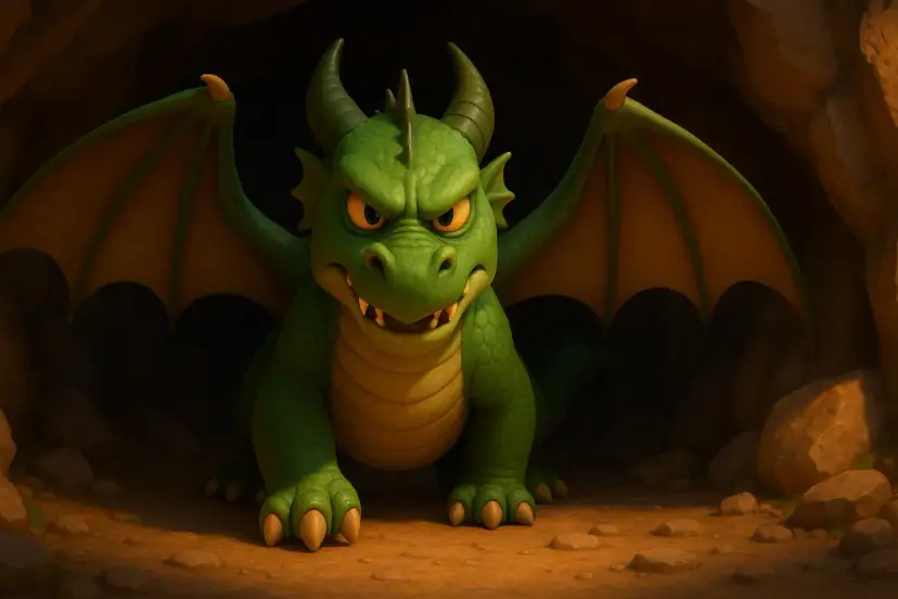 Zielony smok z groźnym spojrzeniem, jak ze snu o smoku wawelskim, siedzi w jaskini.