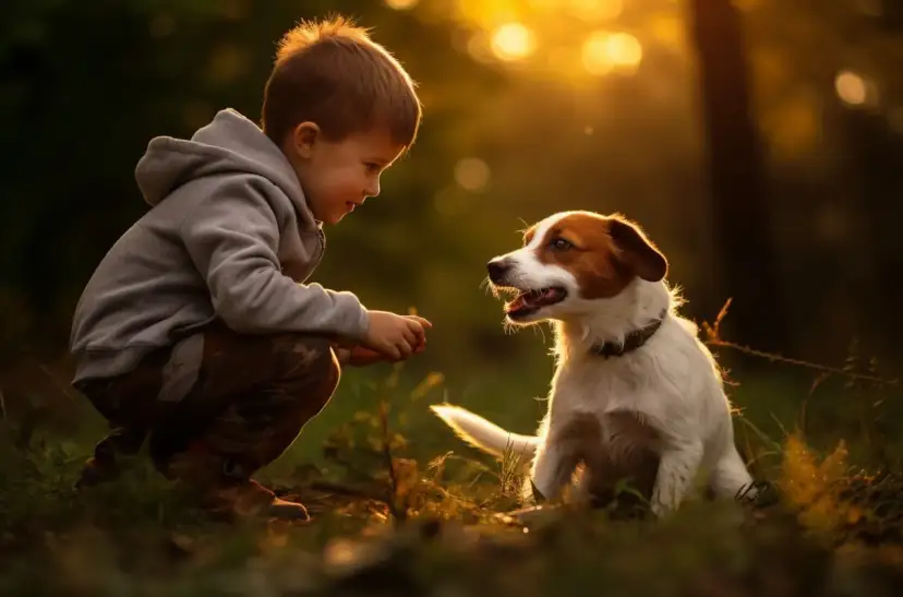 Chłopiec i jack russell terrier w złotym świetle zachodzącego słońca. Ich spojrzenia się krzyżują, tworząc magiczną więź między dziećmi a ich czworonożnymi przyjaciółmi.