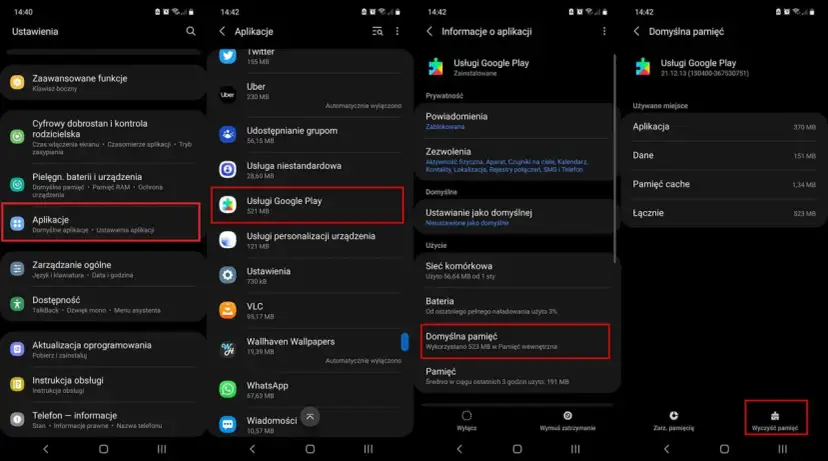 Ekran telefonu z ustawieniami aplikacji Google Play, pokazujący informacje o pamięci i opcję wyczyszczenia.