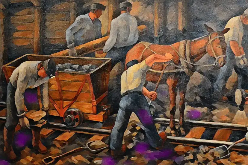 Górnicy w kopalni, jak w legendzie o Olkuszu, ładują węgiel do wozu ciągniętego przez konia.