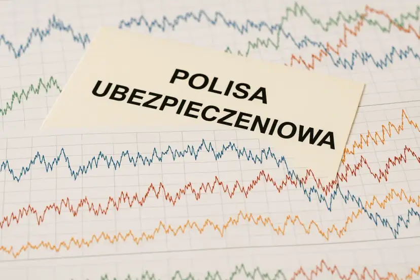 Karta z napisem "POLISA UBEZPIECZENIOWA" na tle wykresów giełdowych. To pokazuje, co to jest ubezpieczeniowy fundusz kapitałowy.