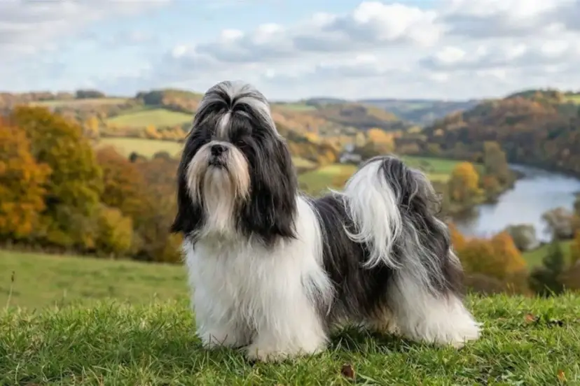 Shih tzu o czarno-białej sierści, z bujną grzywką, pozuje na tle jesiennego krajobrazu. Jego łagodny shih tzu charakter widać w spokojnym spojrzeniu.