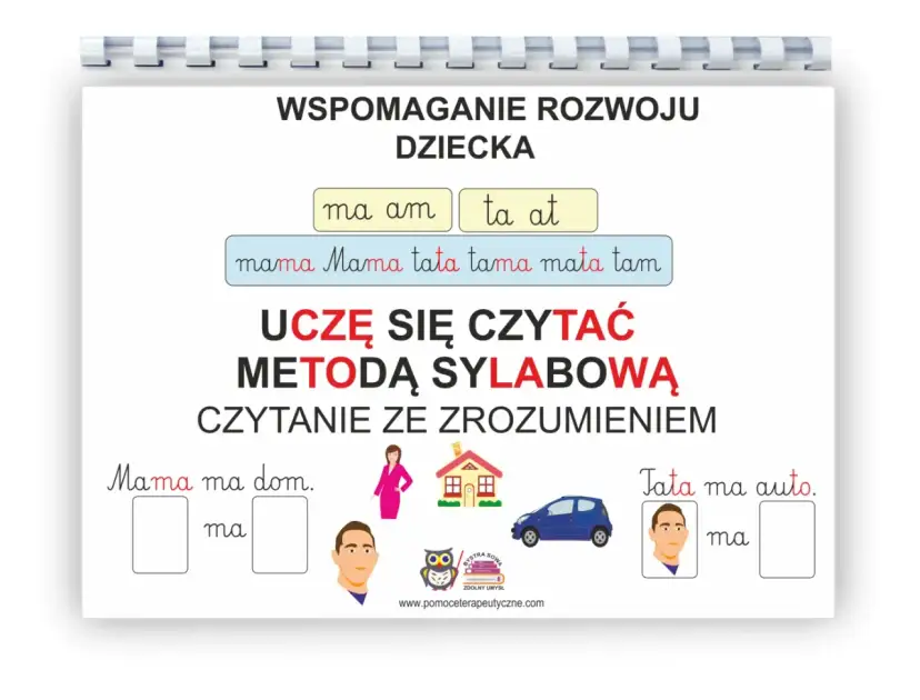 Pomoc w nauce czytania metodą sylabową. Dziecko uczy się czytać ze zrozumieniem, ćwicząc sylaby i proste zdania.