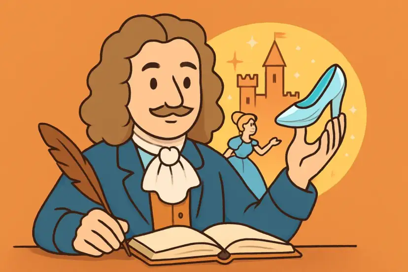 Charles Perrault pisze baśń o Kopciuszku, trzymając pióro i patrząc na pantofelek. W tle zamek i Kopciuszek.