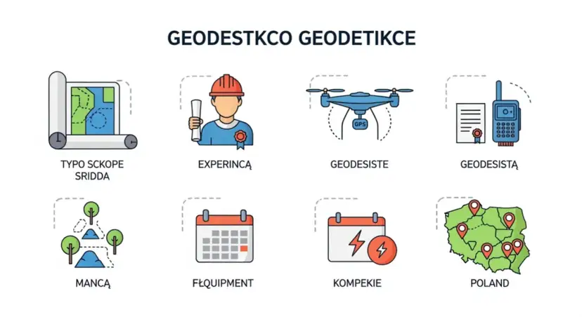 Ikony przedstawiające mapę, geodetę, drona, GPS, teren, kalendarze i mapę Polski.
