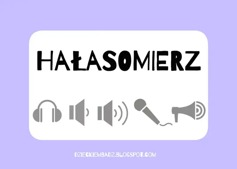 Grafika z napisem "HAŁASOMIERZ" i ikonami: słuchawki, głośniki, mikrofon, megafon. Idealne do zabaw wyciszających w przedszkolu.