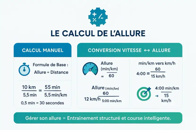 Infographie expliquant le calcul de l'allure de course à pied avec des exemples de calcul manuel et de conversion vitesse/allure.