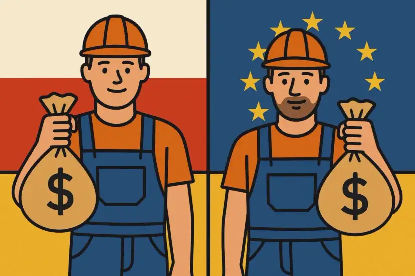 Dwóch pracowników w kombinezonach i kaskach trzyma worki z pieniędzmi na tle flag Polski i UE.