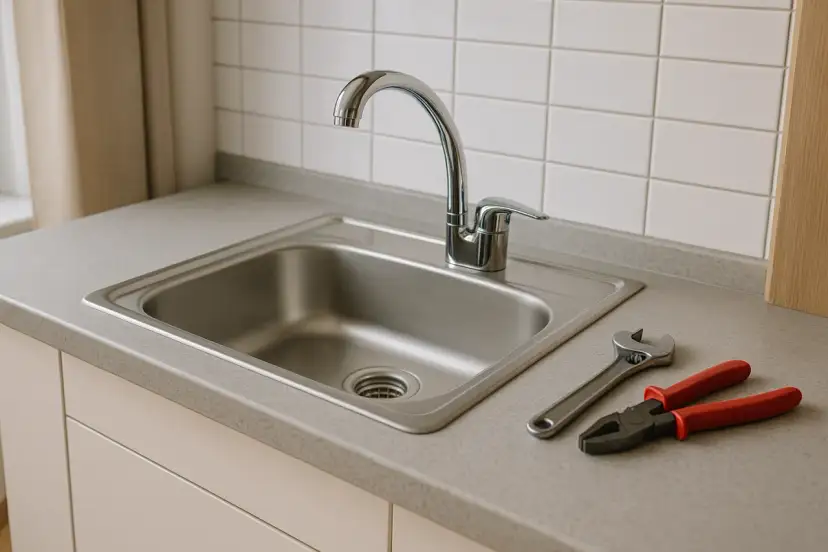 Zlewozmywak kuchenny z baterią i narzędziami: kluczem i kombinerkami.