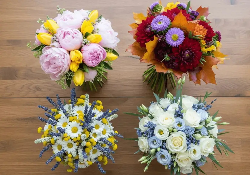 Cztery bukiety kwiatów sezonowych: różowe piwonie z żółtymi tulipanami, jesienne dalie z liśćmi, stokrotki z lawendą i żółtymi kulkami, białe róże z niebieskimi akcentami.