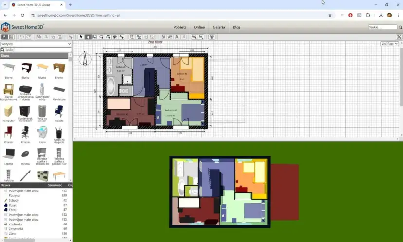 Program do projektowania domów Sweet Home 3D pokazuje rzut piętra z pokojami i meblami.