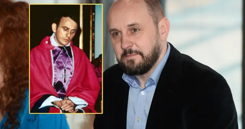 Kto grał Popiełuszkę? Na zdjęciu ks. Jerzy Popiełuszko w szatach liturgicznych i aktor Adam Woronowicz.