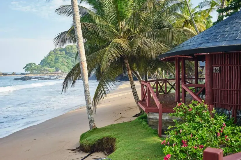 Rajska plaża na wyspie książęcej, z palmami, drewnianym domkiem i oceanem.