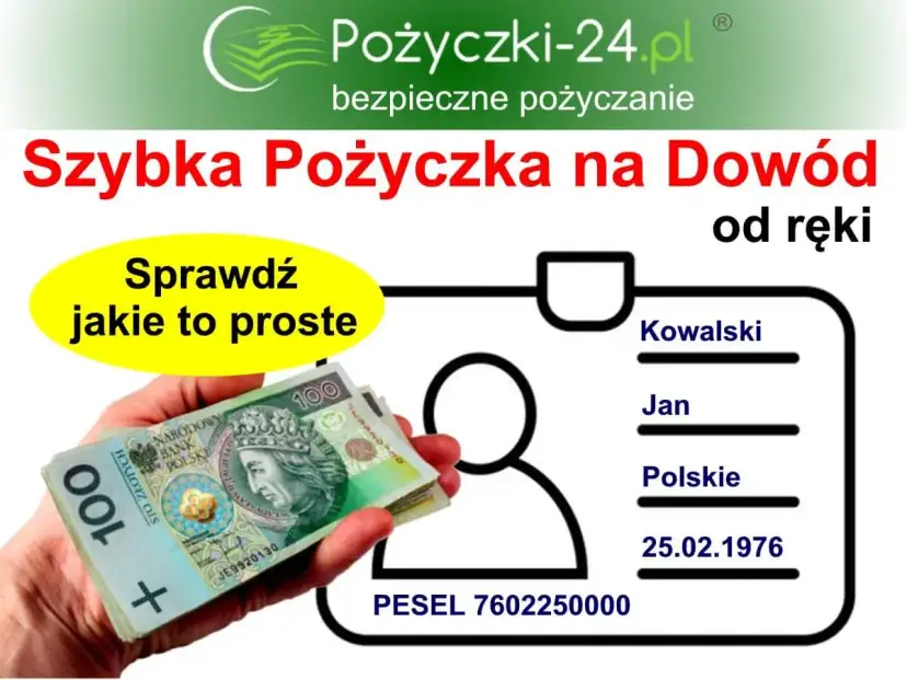 Dłoń trzyma banknoty 100 zł obok dowodu osobistego z danymi Kowalski Jan.