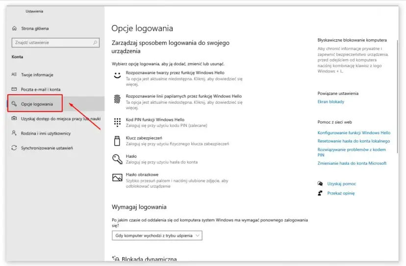 Ustawienia konta Windows: opcje logowania, gdzie można zmienić hasło na komputerze, ustawić PIN lub hasło obrazkowe.