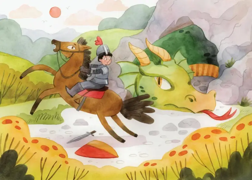 Rycerz na koniu przed zielonym smokiem, obok leżą miecz i tarcza.