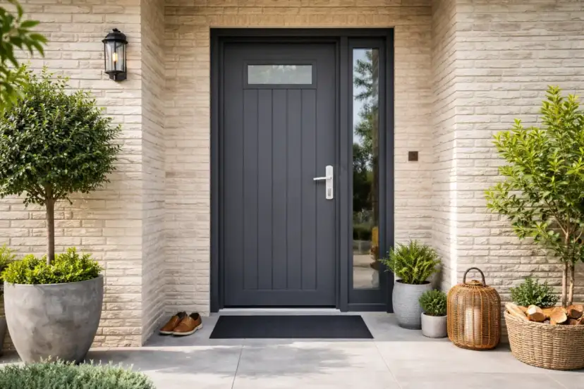 Nowe drzwi wejściowe z nowoczesnym zamkiem, otoczone zielenią i ozdobnymi latarniami. Wymiana zamka w drzwiach to klucz do bezpieczeństwa.